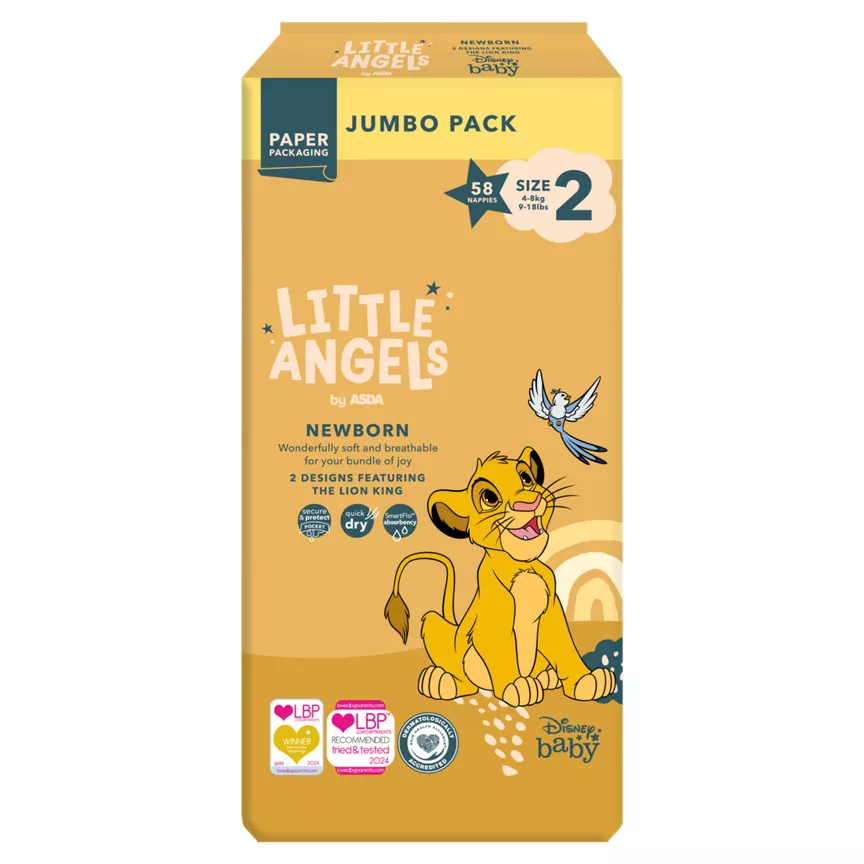 LITTLE ANGELS by ASDA Newborn Size 2 4-8kg 58 Nappies