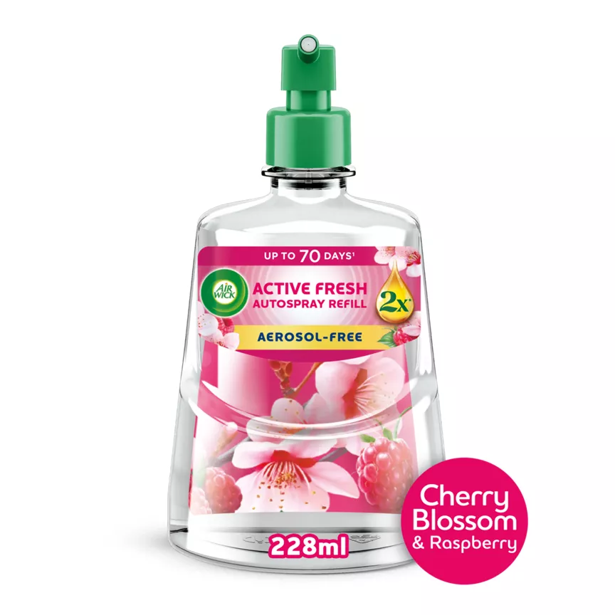 Air Wick Cherry Blossom & Raspberry Aerosol-Free Automatic Spray Refill 228ml. Lasts up to 70 days.