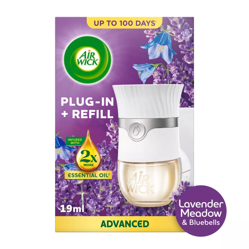 Air Wick Lavender Meadow & Bluebells Plug-In Kit 19ml. Lasts up to 100 days. Air Freshener.