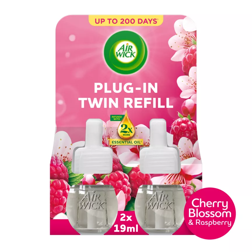 Air Wick Cherry Blossom & Raspberry Plug-in Twin Refill 19ml. Lasts up to 100 days/refill.