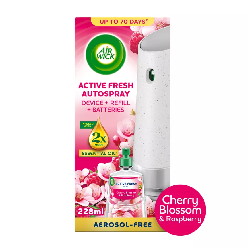 Air Wick Cherry Blossom & Raspberry Aerosol-Free Automatic Spray Kit. Lasts up to 70 days.
