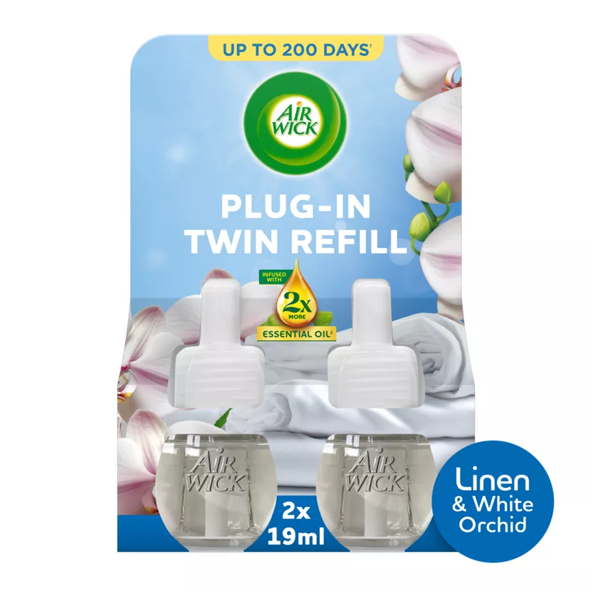 Air Wick Linen & White Orchid Plug-in Twin Refill 19ml. Lasts up to 100 days/refill. Air Freshener.