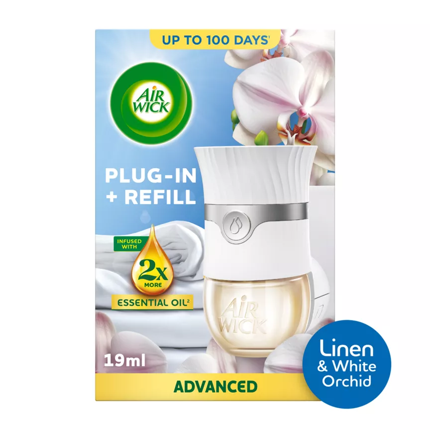 Air Wick Linen & White Orchid Plug-In Kit 19ml. Lasts up to 100 days. Air Freshener.