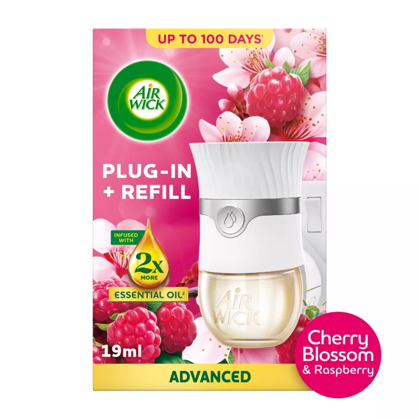 Air Wick Cherry Blossom & Raspberry Plug-In Kit 19ml. Lasts up to 100 days. Air Freshener.