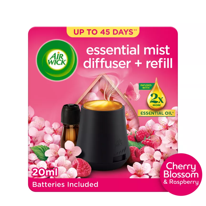 Air Wick Cherry Blossom & Raspberry Mist Diffuser 20ml. Lasts up to 45 days. Air Freshener.