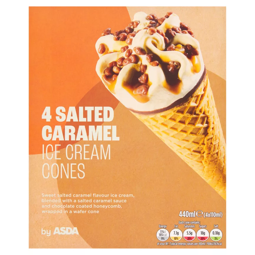 ASDA Salted Caramel Ice Cream Cones 4 x 110ml (440ml)