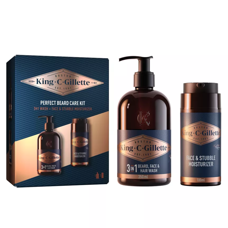King C. Gillette Perfect Beard Care Kit With 3in1 Beard, Face & Hair Wash+Face & Stubble Moisturiser