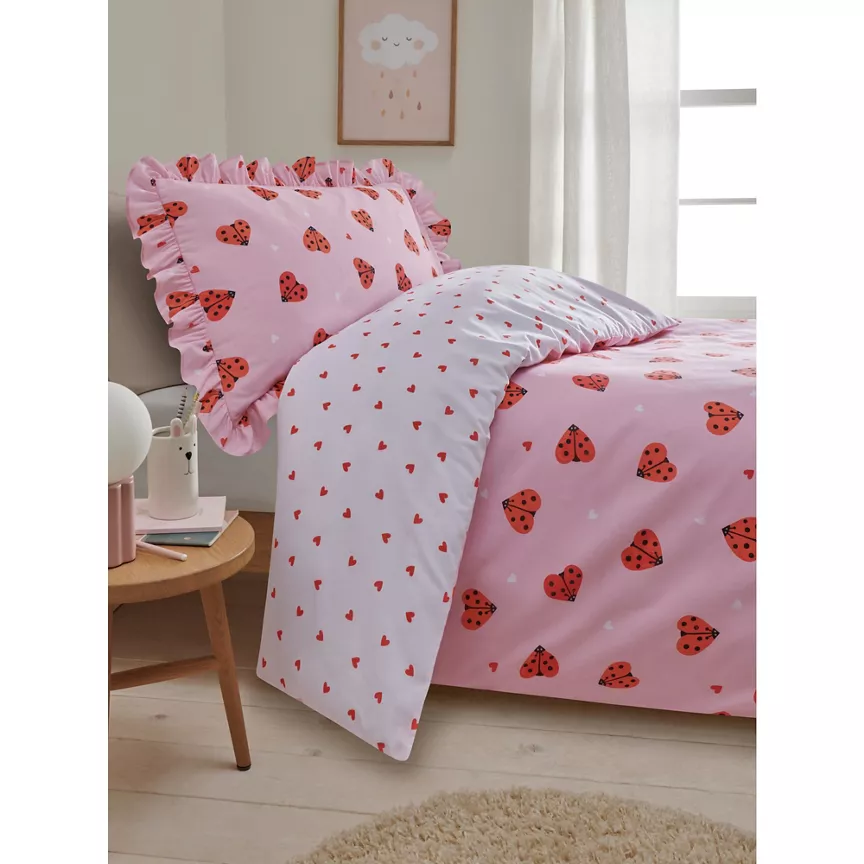George Home Pink Love Bug Frill Trim Reversible Duvet Set