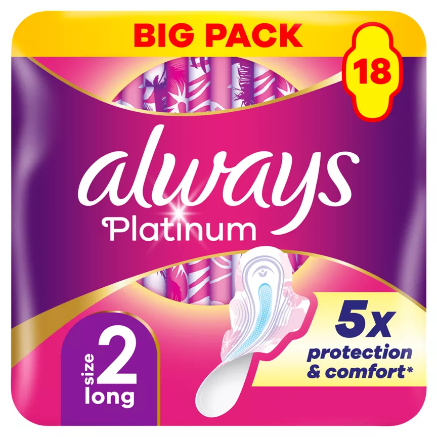 Always Platinum Long (Size 2) Sanitary Towels With Wings 18 Pads