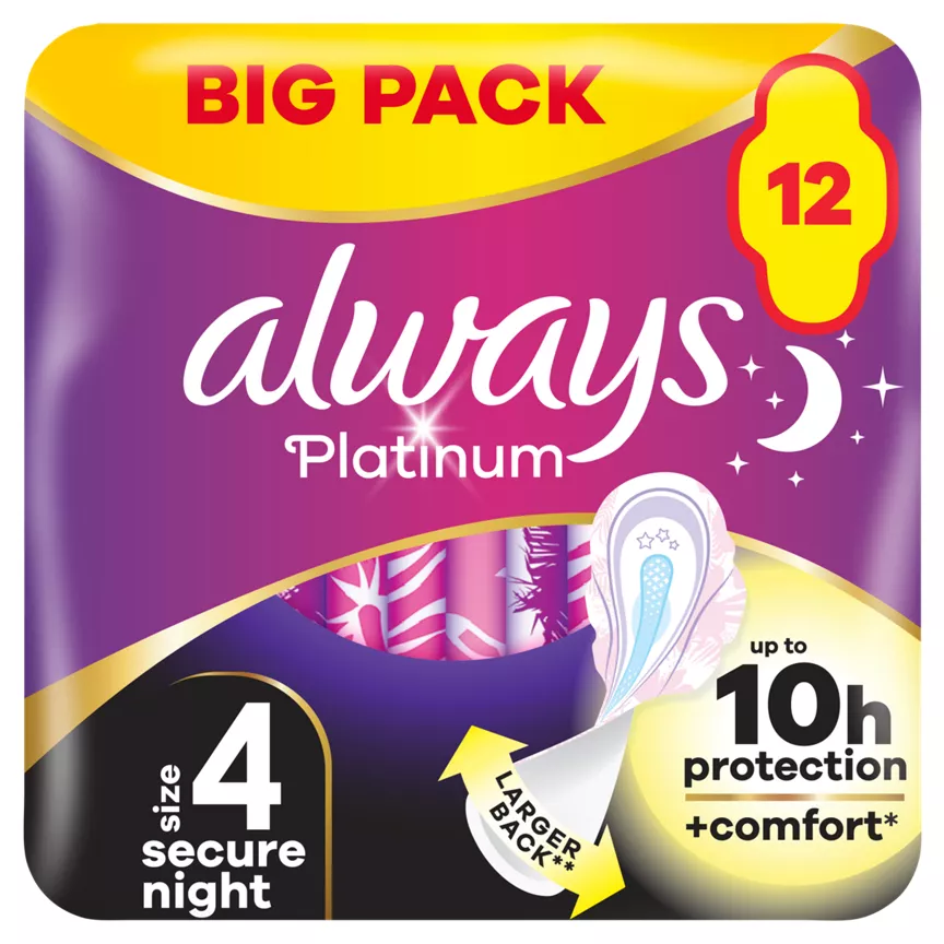 Always Platinum Secure Night (Size 4) Sanitary Towels With Wings 12 Pads