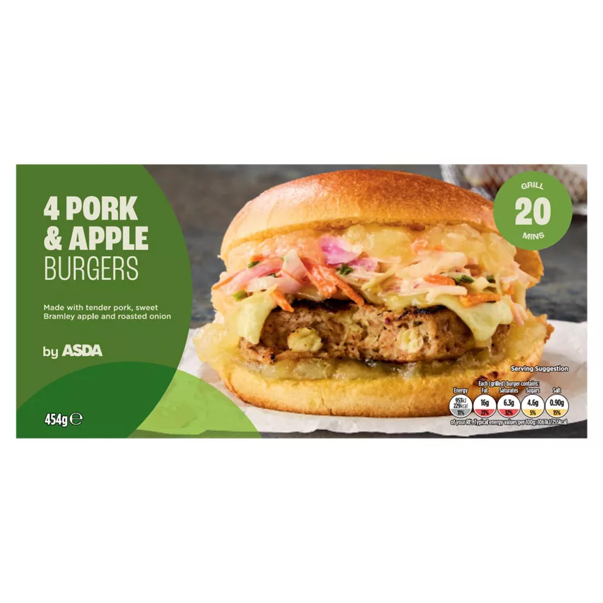 ASDA 4 Pork & Apple Burgers 454g