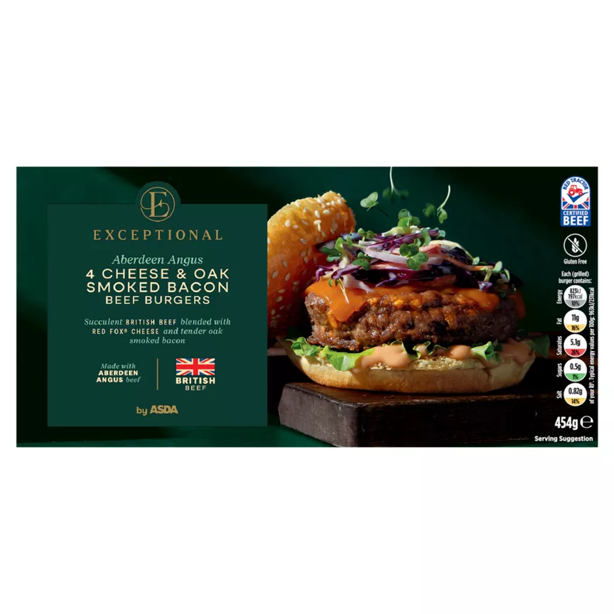 Exceptional by ASDA 4 Aberdeen Angus Cheese & Oak Smoked Bacon Beef Burgers 454g