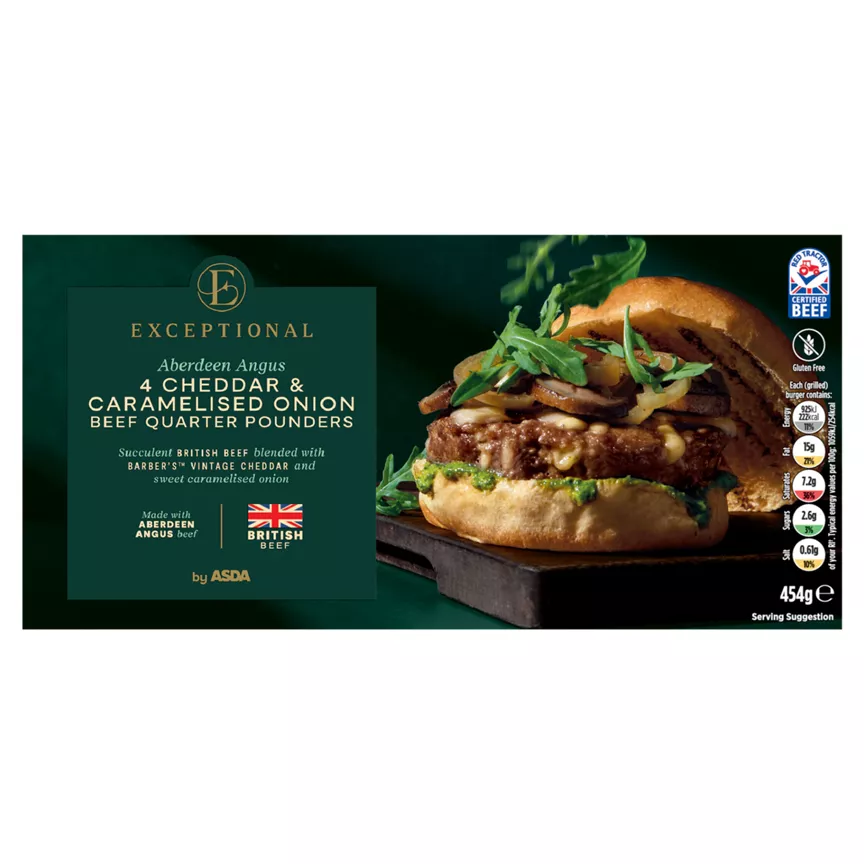 Exceptional by ASDA 4 Aberdeen Angus Cheddar & Caramelised Onions Beef Quarter Pounders 454g