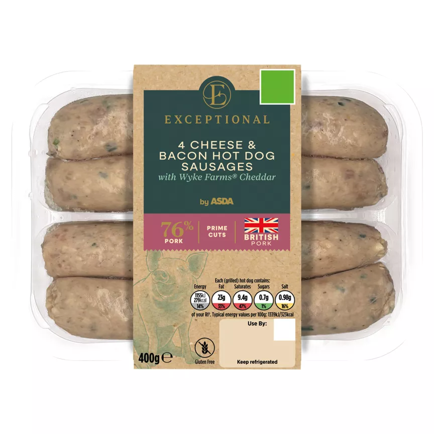 Exceptional by ASDA 4 Cheese & Bacon Hot Dog Sausages 400g