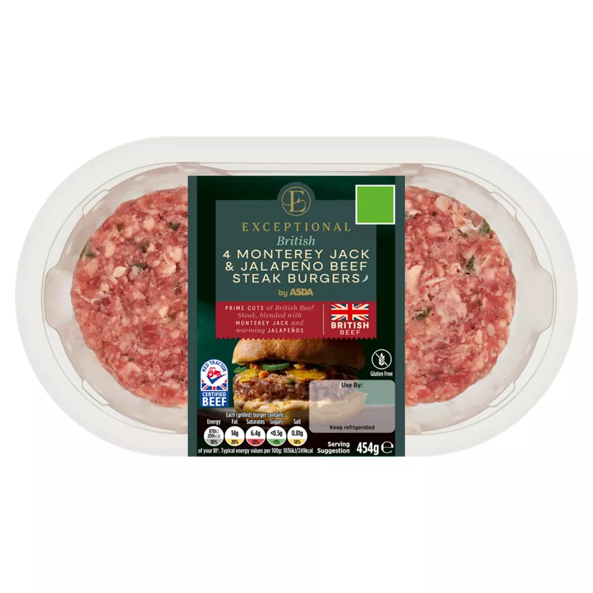 Exceptional by ASDA British 4 MONTEREY JACK & JALAPEÑO BEEF STEAK BURGERS 454g