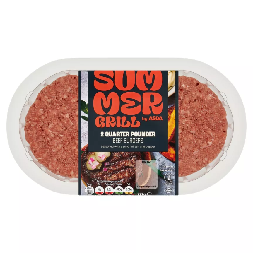 SUMMER GRILL by ASDA 2 Quarter Pounder Beef Burgers 227g