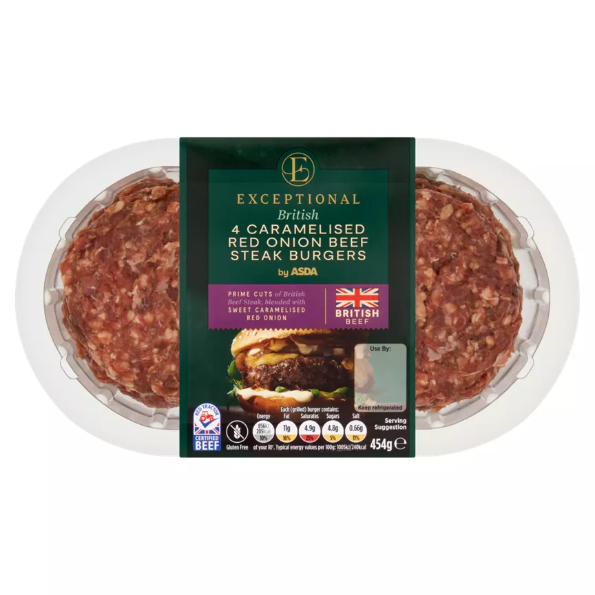 Exceptional by ASDA British 4 Caramelised Red Onion Beef Steak Burgers 454g