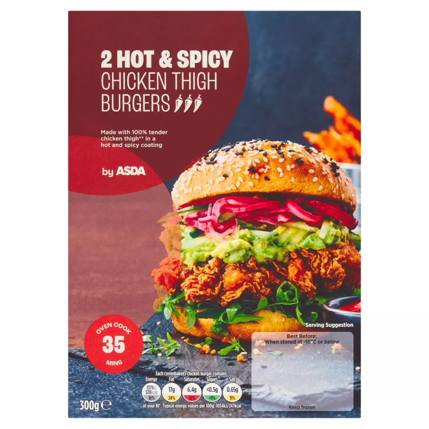 ASDA 2 Hot & Spicy Chicken Thigh Burgers 300g