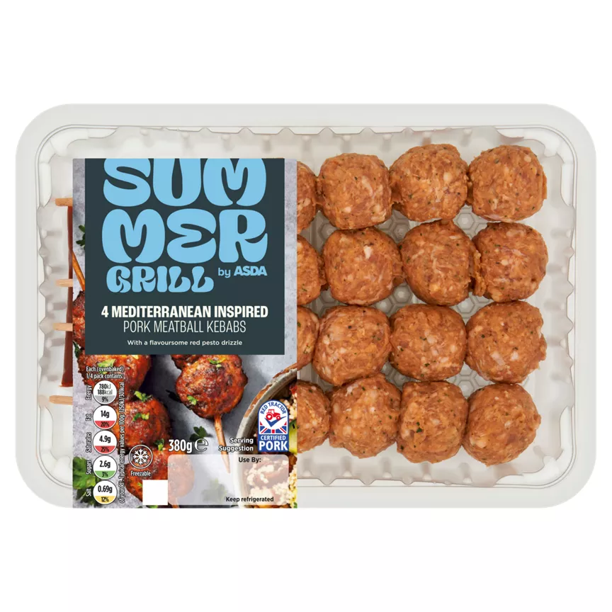 SUMMER GRILL by ASDA 4 Mediterranean Inspired Pork Meatball Kebabs 380g