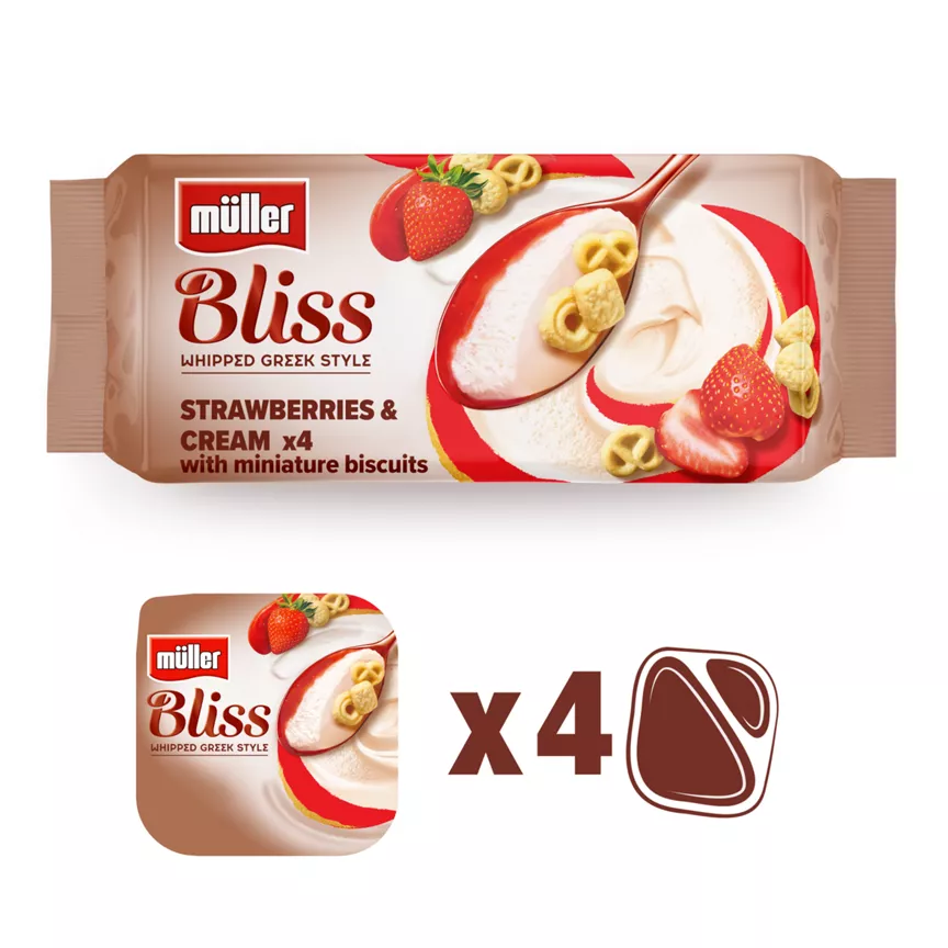 Muller Bliss Whipped Greek Style Strawberries & Cream with Miniature Biscuits 4 x 100g (400g)
