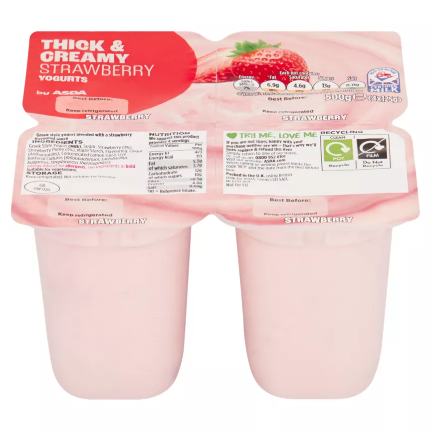 ASDA Strawberry Yogurts 4 x 125g (500g)