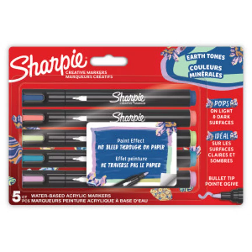 Sharpie Creative Marker Acrylic Paint Pens , Earth Tones, Water-Based Paint Markers, Bullet Tip,  Assorted Earth Tone Colours,  5 Count