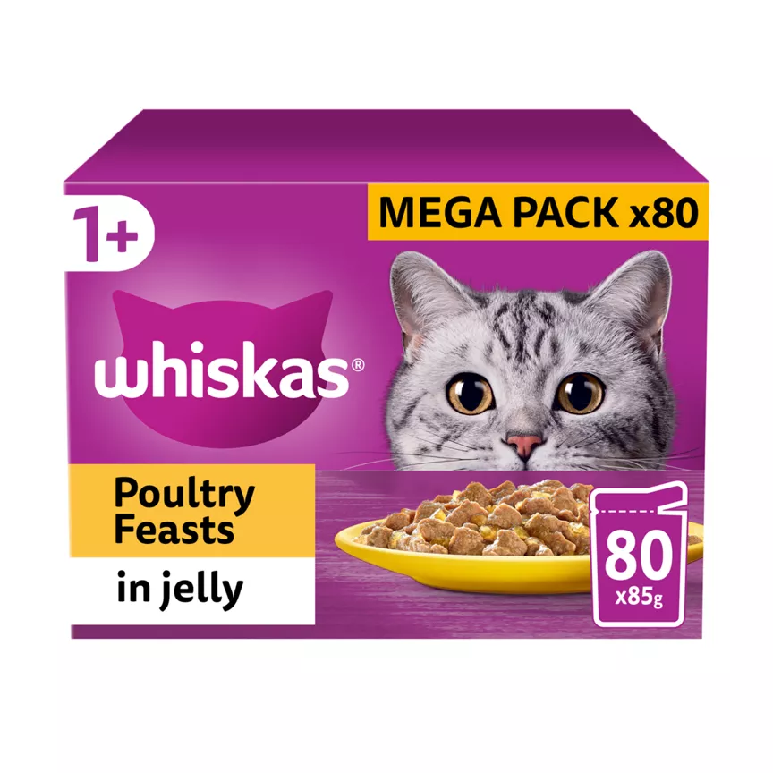 Whiskas 1+ Poultry Feasts Adult Wet Cat Food Pouches in Jelly 80 x 85g
