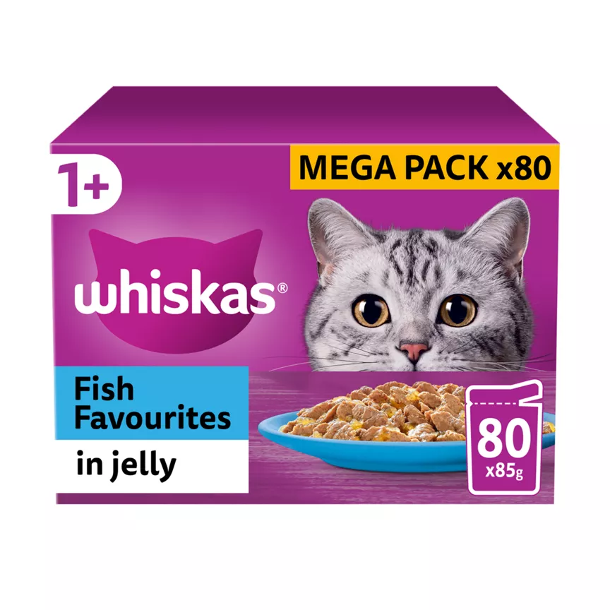 Whiskas 1+ Fish Favourites Adult Wet Cat Food Pouches in Jelly 80 x 85g