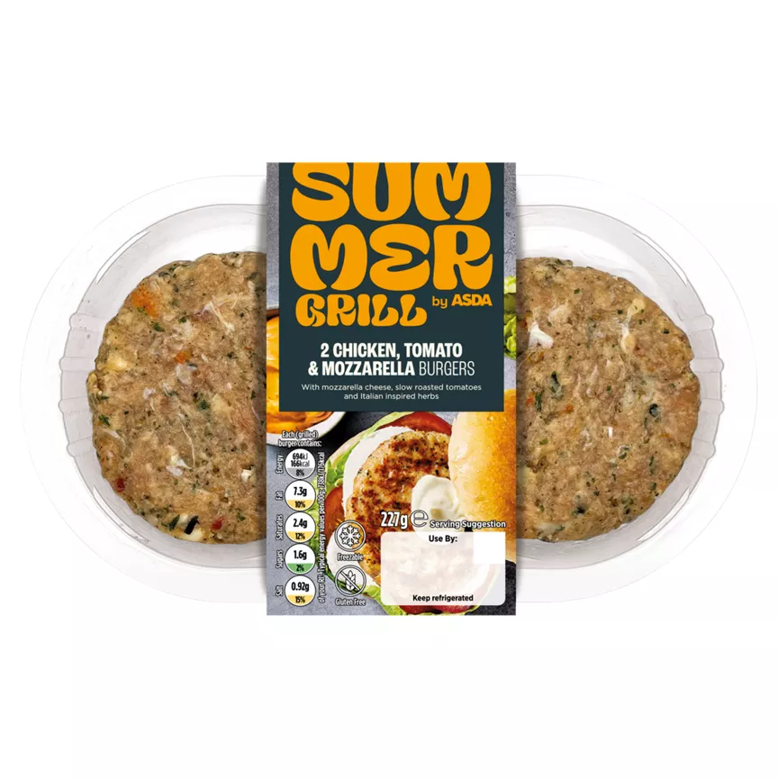 SUMMER GRILL by ASDA 2 Chicken, Tomato & Mozzarella Burgers 227g