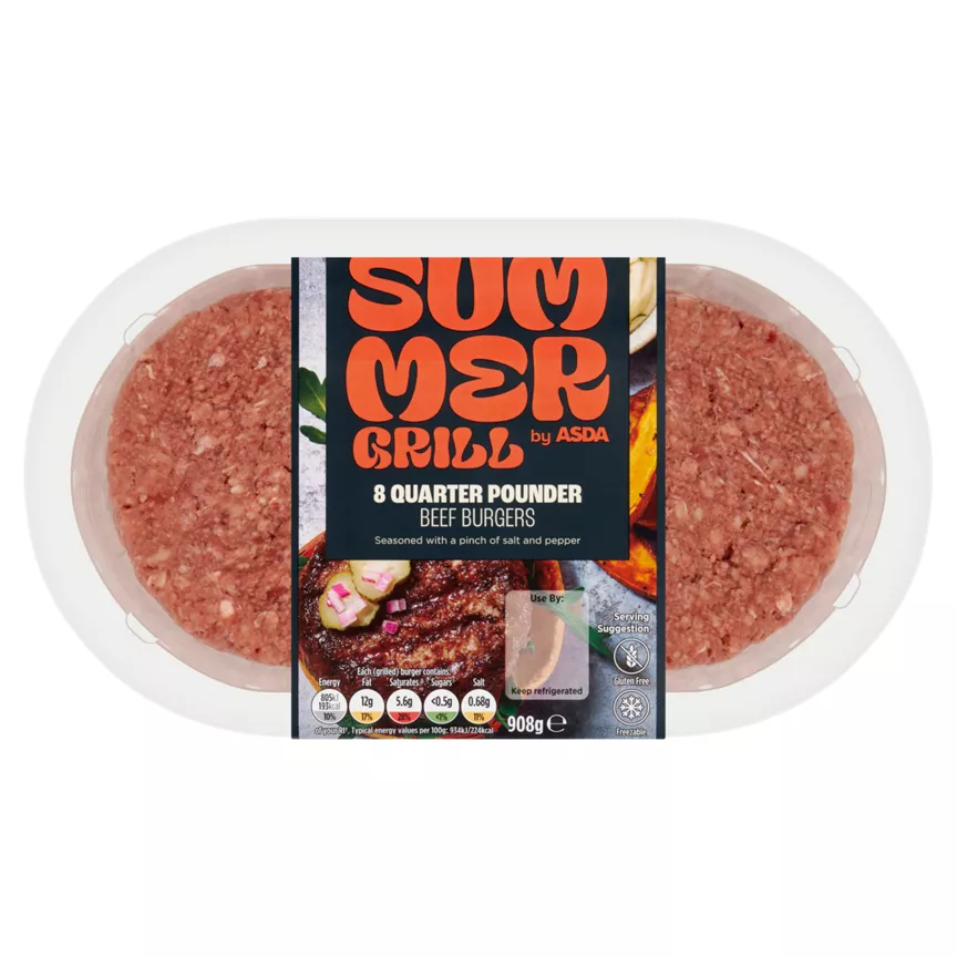 SUMMER GRILL by ASDA 8 Quarter Pounder Beef Burgers 908g