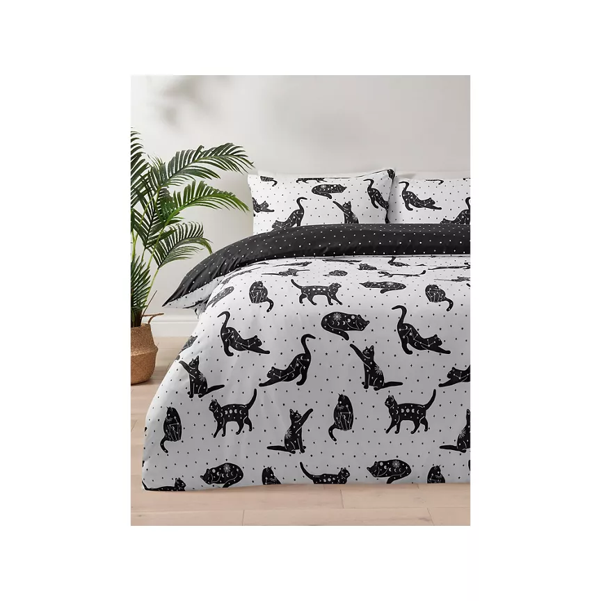 George Home Black & White Celestial Cats Microfibre Duvet Set Double