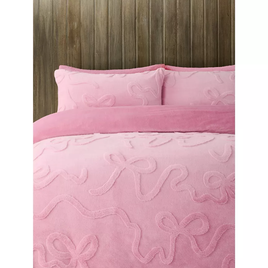George Home Pink Single Jacquard Bow Super Soft Faux Fur Duvet Set