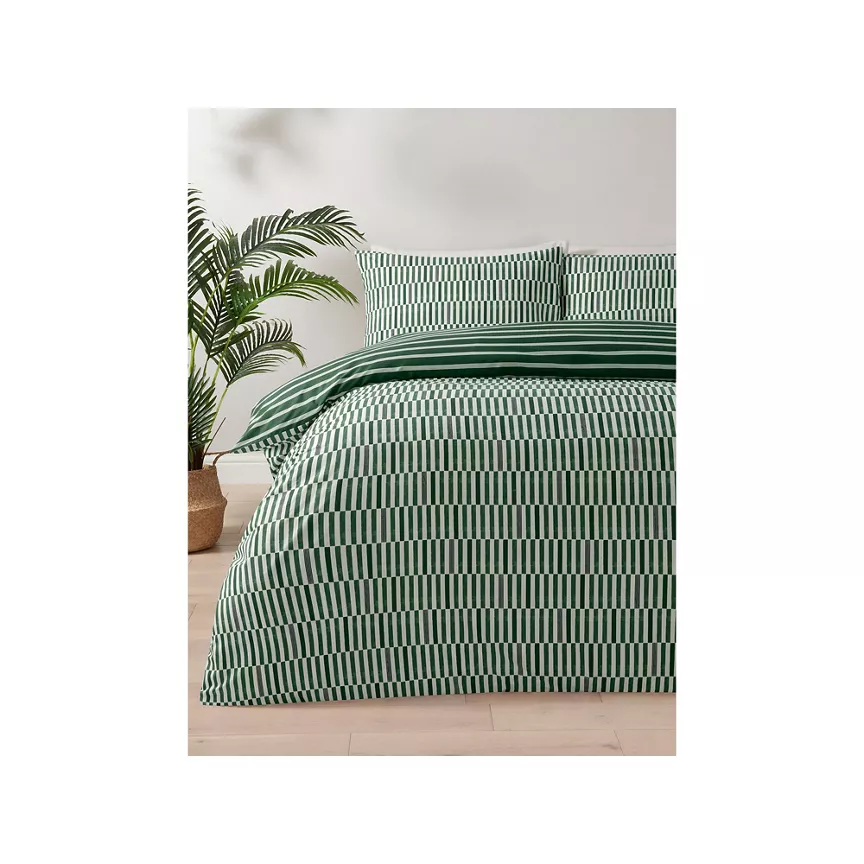 George Home Green & White Striped Checkerboard Microfibre Duvet Set Double