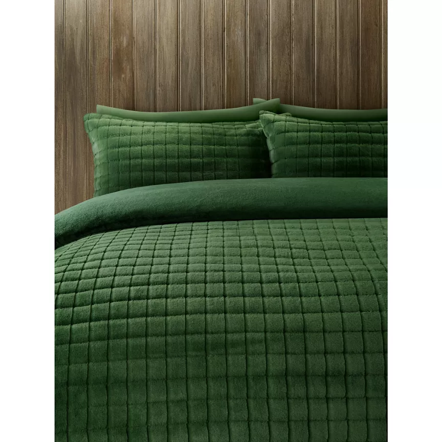 George Home Green Grid Check Super Soft Faux Fur Jacquard Duvet Set Double