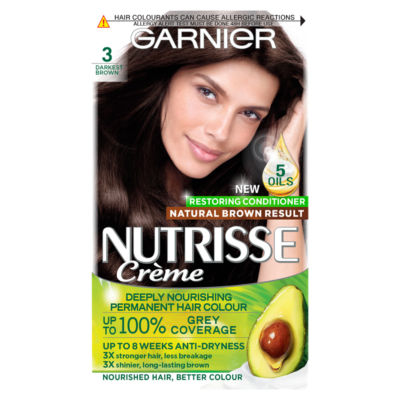 Nutrisse Ultra Crème Dye, Vegan, 3 Darkest Brown, intense and rich hair shade, 100% grey.