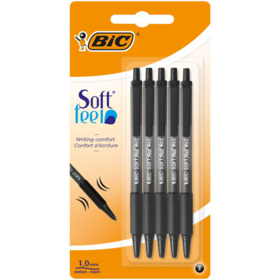 Soft Feel Ball Point Pens, Black, Comfortable Grip, Pack of 5