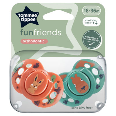 2x Fun Soothers with Steriliser Pod, Symmetrical, BPA Free, 18-36m