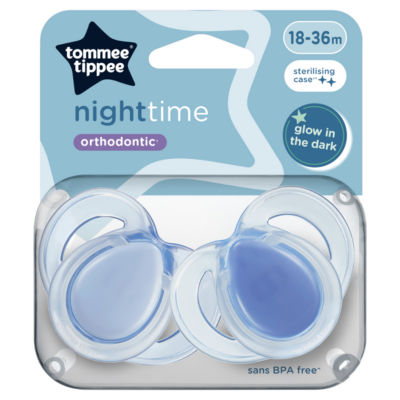 2x Nighttime Soothers with Steriliser Pod, Glow in the Dark, 18-36m