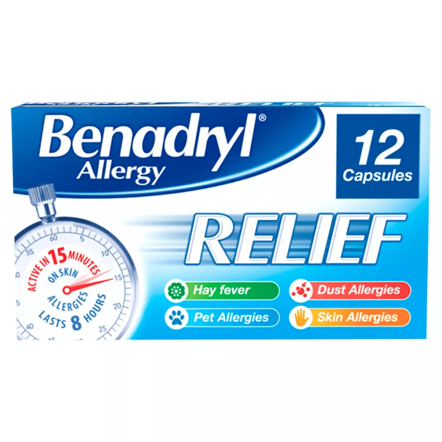 Benadryl Allergy Relief capsules gets to work in 15mins for Allergy relief. Pack of 12.