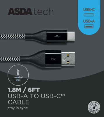 Asda Tech USB-A to USB-C Cable - Black 1.8m thumbnail 2