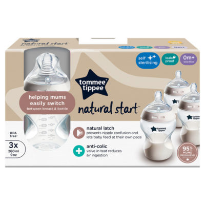 3x 260ml Natural Start Anti-Colic Baby Bottle, Slow Flow Teat, 0m+