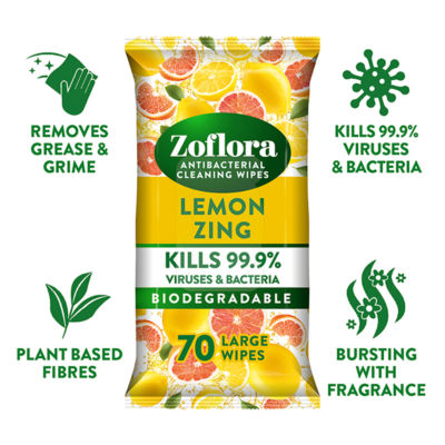 70 Large Lemon Zing Antibacterial Multi-Surface Cleaning Wipes thumbnail 3