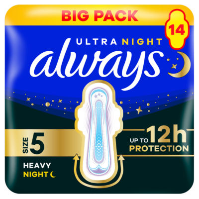 Ultra Sanitary Towels Heavy Flow Night (Size 5) Wings 14 Pads thumbnail 2