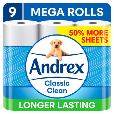 Classic Clean 9 Mega Toilet Rolls, 50% More Sheets Per Roll thumbnail 2