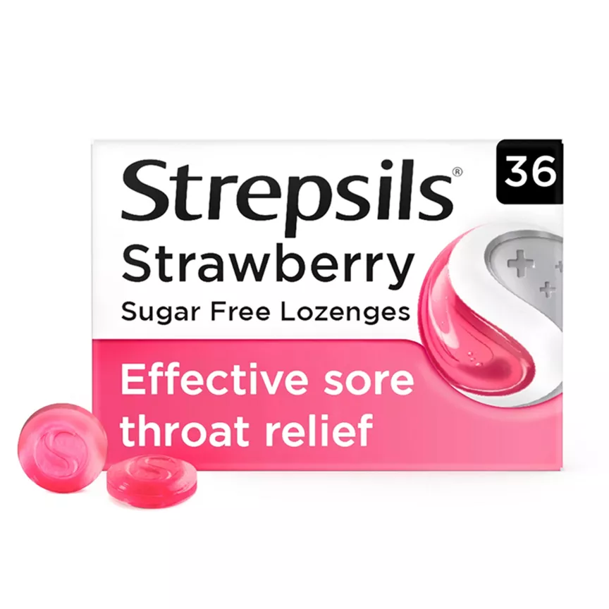 Strepsils Strawberry Sugar Free Lozenges for Sore Throat x36 - Image 1