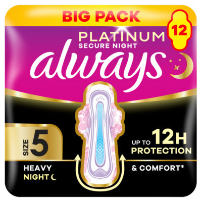 Platinum Sanitary Towels Heavy Flow Night (Size 5) Wings 12 Pads