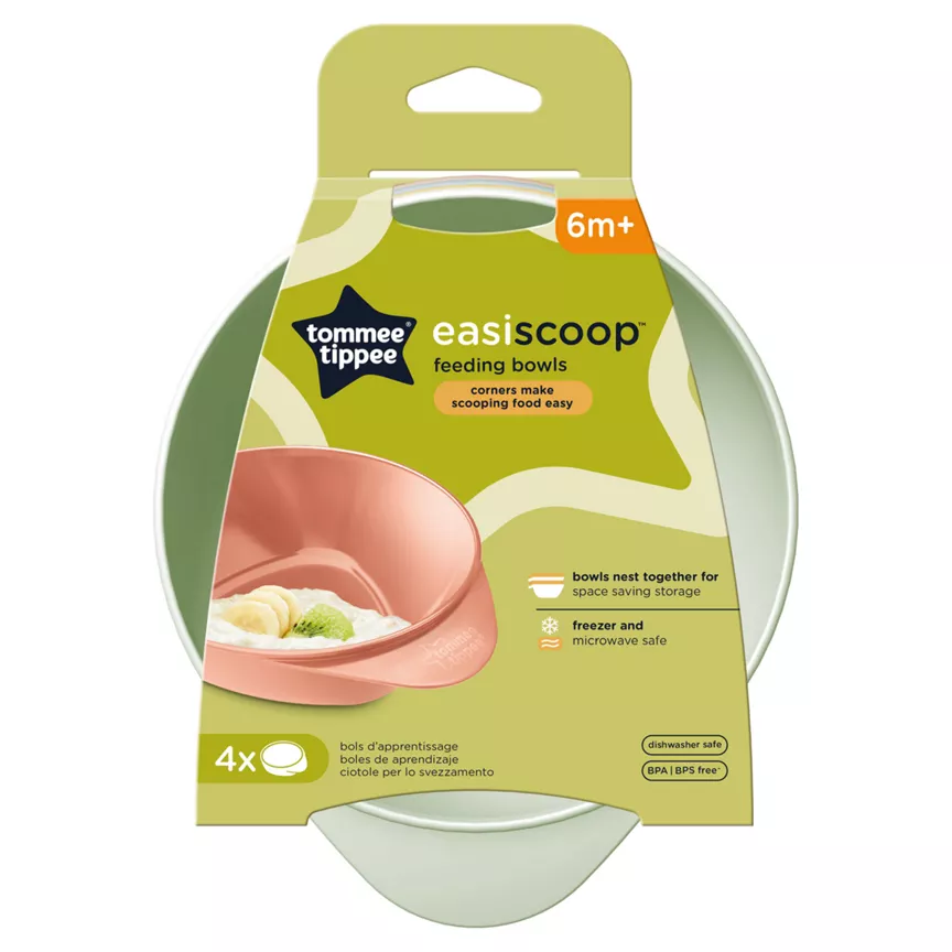 Tommee Tippee 4x Easiscoop Baby Feeding Bowls, Triangular Base, Handle, 6m+