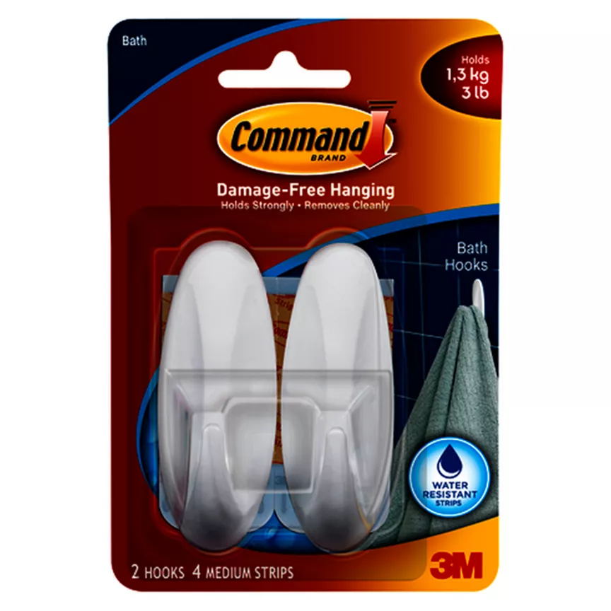 Command Designer Hook with Bath Strips Medium 17081B 2 Hooks + 4 Strips