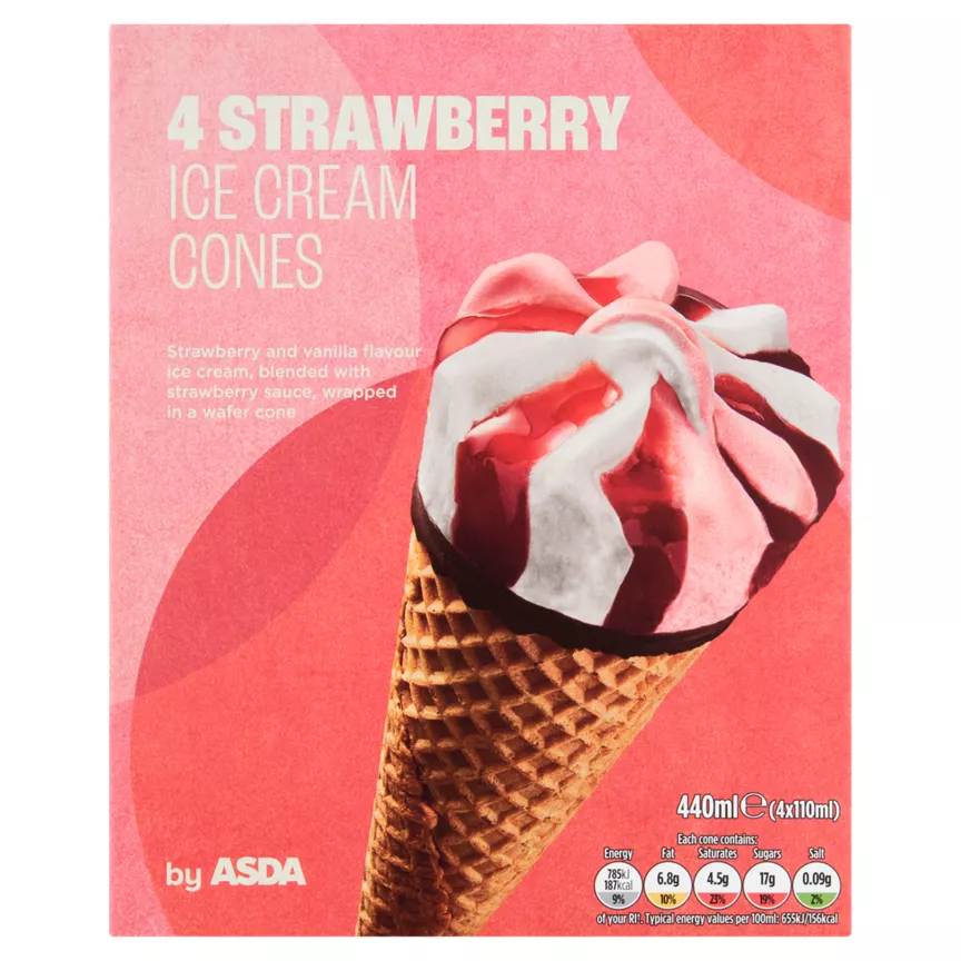 ASDA 4 Strawberry Ice Cream Cones 4x110ml
