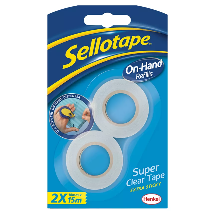 Sellotape Super Clear On Hand Dispenser Refill Rolls x2 18mm x 15m